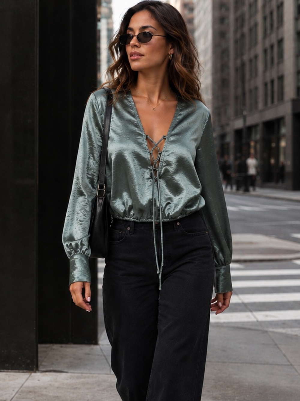 GUESS | LS Tami Lace-Up Satin Blouse Bishop Sleeve Sage Green Size Medium